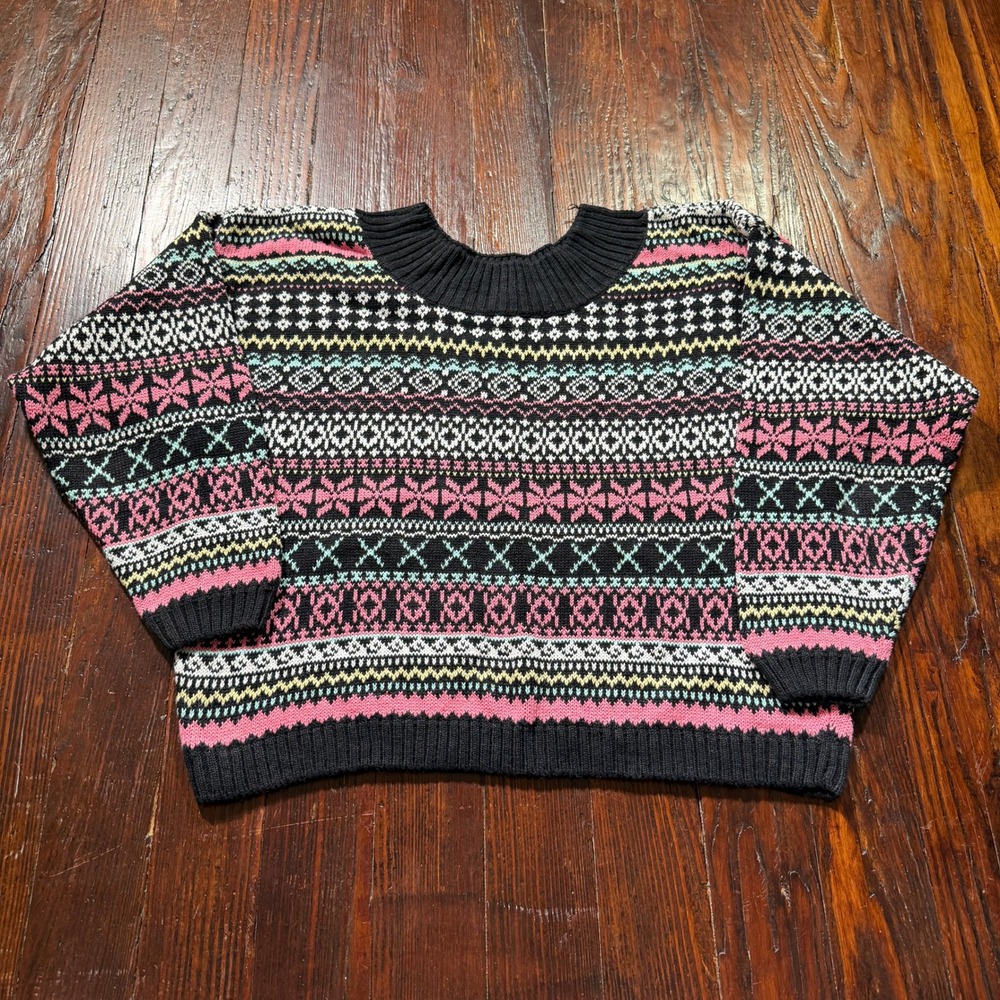 Vintage 90s Knit Knit Pullover Sweater Women L Multi Fair Isle Ramie Cotton